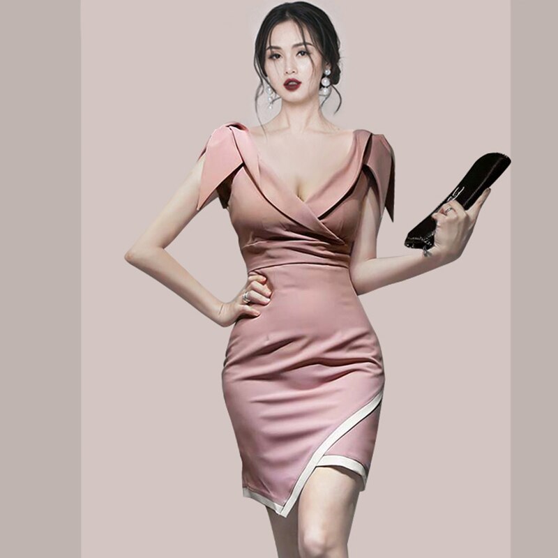 H Han Queen Womens New Slim V-Neck Patchwork Elegant Dress Office Lady Evening Party Bodycon Sheath Pencil Dresses Work Vestidos