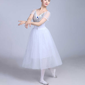Women Long Tulle Pink/Blue/White Tutu Ballet Dress Adult Puff Sleeves Romantic Stage Performance Ballroom Party Dance Costume