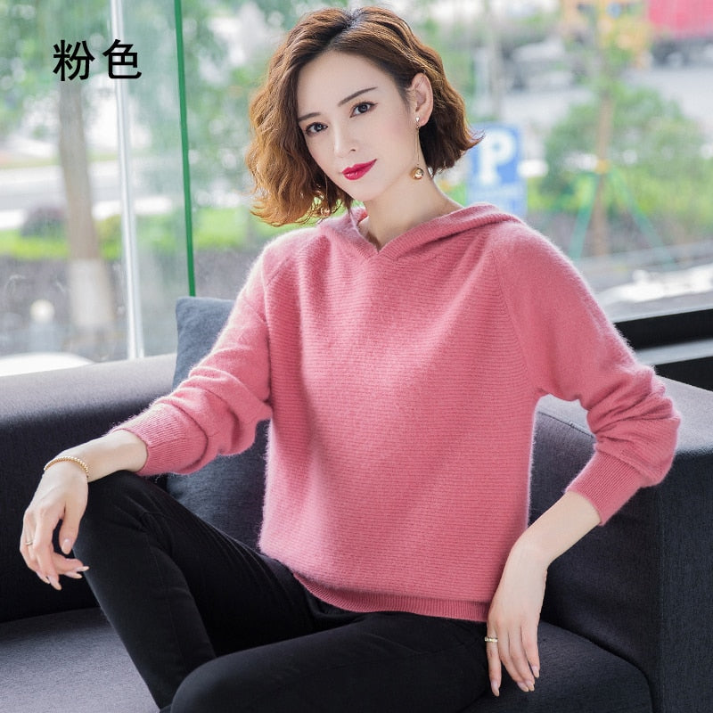 New mink sweater women&#39;s pure color knitted pullover full sleeves hooded cashmere sweater fashion all-match Home style multicolo