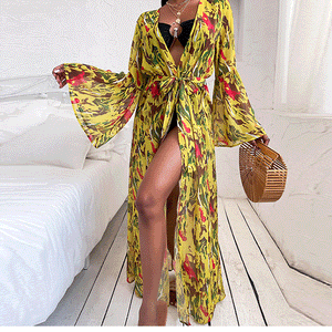 Boho Print Flare Sleeve Self Belt Kimono Dress Beach Wear Swim Suit Cover Up