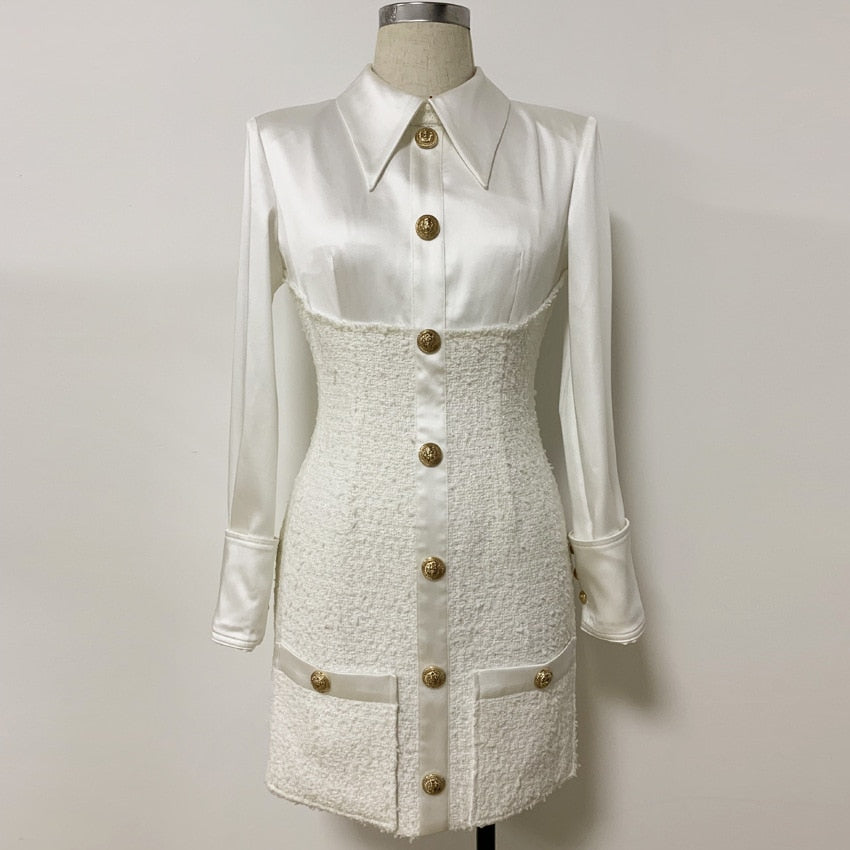Women's Long Sleeve Career Satin Patchwork Tweed Dress