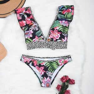 Scalloped Animal Print Female Swimsuit High Waist Bikini Women Swimwear Two-pieces Bikini set