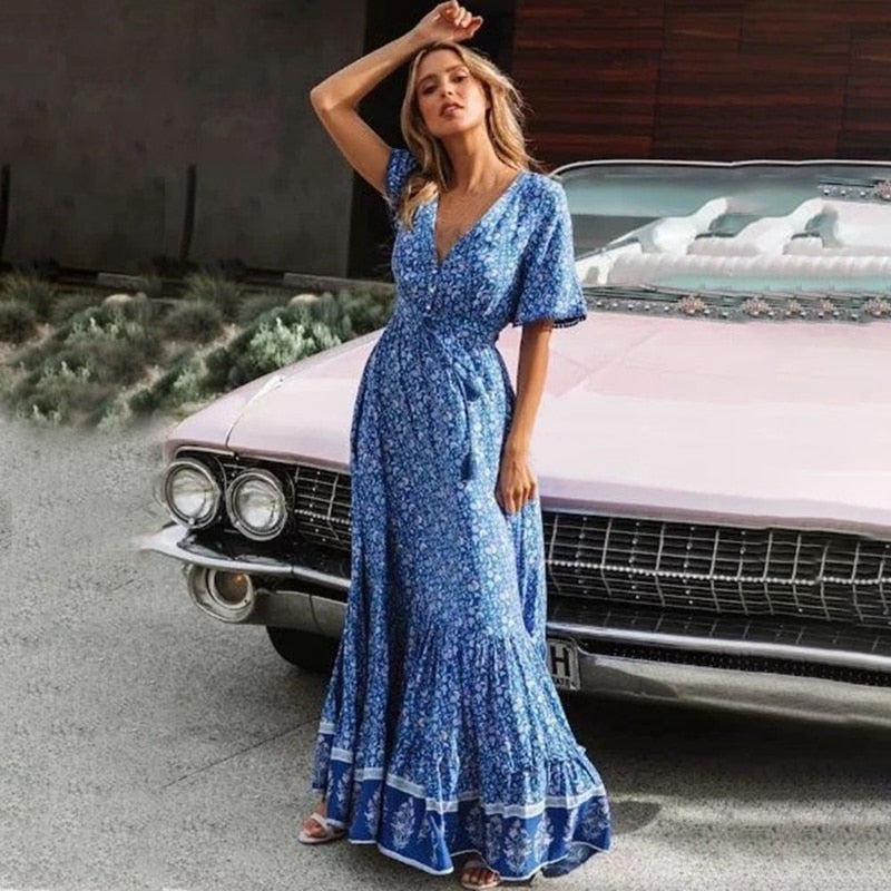 Retro Maxi Dress Women Summer Short Sleeve V Neck High Waist Dress Floral Print Boho Beach Long Dress Royal Blue / XL Retro Maxi Dress Women Summer Short Sleeve V neck High waist Dress Flo –  Global Fashions GC