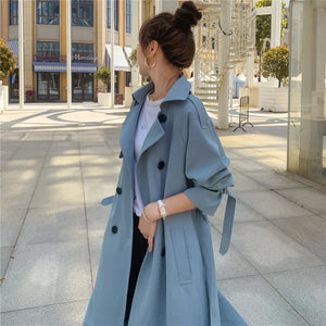 2021 Fashion Women Trench Coat Beige Blue Long Double-Breasted With Belt Spring Autumn Lady Coat Female Korean Loose Outerwear
