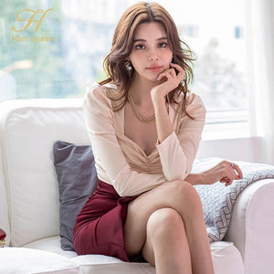 H Han Queen New 2 Pieces Set Women Autumn Folds Shirts Blouses And High Waist Split Ruffles Skirts Korean Chic Office Lady Suit