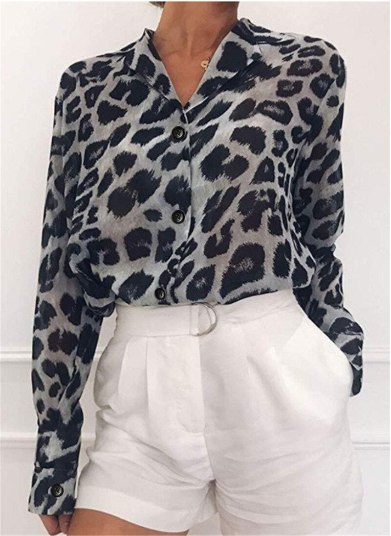 Long Sleeve Leopard V Neck Print Chiffon Blouse