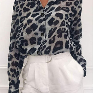 Long Sleeve Leopard V Neck Print Chiffon Blouse