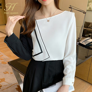 H Han Queen New Vintage Print Office Lady Blouse Female Shirt Color Matching Tops Long Sleeve Casual Korean Women Loose Blouses