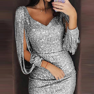 Dress Women Plus Size 3XL 7 Colors Sexy V-Neck Solid Sequined Stitching Shining Club Sheath платье Long Sleeved Party Mini Dress