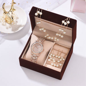 Pearl Bracelet Earrings Necklace Diamond Rhinestone Quartz Watc