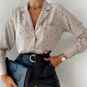 Pocket Long Sleeve Turn Down Collar Women Blouse Office Lady Polka Dot Cotton Casual Shirts 2021 New Spring