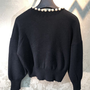 V Neck Pearl Bat Sleeve Knitted Sweater