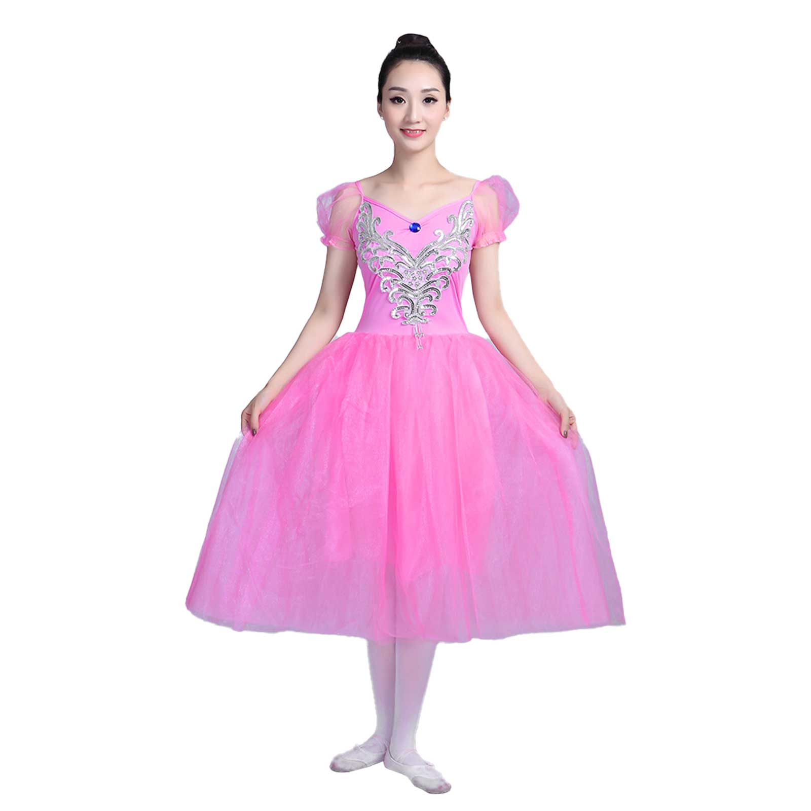 white tutu dress womens Women Long Tulle Pink/Blue/White Tutu Ballet Dress Adult Puff Sleeves Romantic Stage Performance Ballroom Party Dance Costume Pink / XL