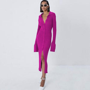 Women Maxi Knitted Sweater Dress Fashion Lady Elegant Turn Down Collar Midi Split Slim Long Sleeve Bodycon Long Dresses Clothing