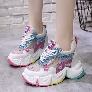 2021 Spring Women Chunky Sneakers Breathable Mesh Casual Shoes 9cm Wedge Heels Platform Shoes Chaussures Femme Sports Dad Shoes
