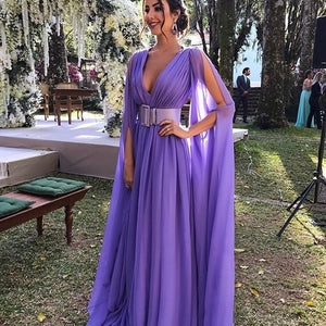 VAZN 2021 Hot High-end Chiffon Sweet Purple Off Shoulder Full Sleeve Deep V-Neck High Waist Women Ball Gown Maxi Dress