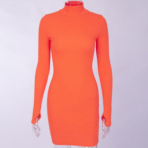 WannaThis Turtleneck Long Sleeve Skinny Mini Dress Women Autumn New  Cotton Solid Elastic Dresses 4 Color Bodycon Casual Orange