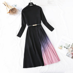 Autumn Winter Elegant Knitted Patchwork Gradient Print Pleated Dress Women Long Sleeve Office One-Piece Sweater Dress With Belt