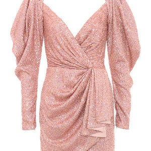 Rose Gold Holographic Sequined Wrap Dress