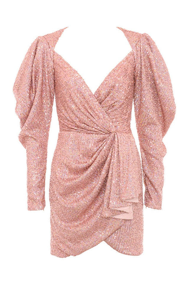 Rose Gold Holographic Sequined Wrap Dress Pink / S Rose Gold Holographic Sequined Wrap Dress Pink / S