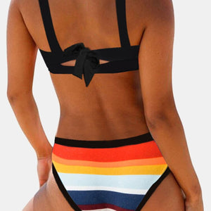 Women Colorful Stripe Print Back String Bikini Backless Swimwear Bathing Suits Striped Swimsuit