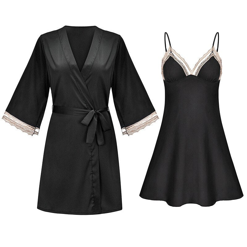 Spring Summer Ice Silk Sexy Thin Dress with Bra Suspender Two Piece Women's Robe 2021 New Home Clothes Nightgown Lace Nightdress Black / M Spring Summer Ice Silk Sexy Thin Dress with Bra Suspender Two Piece Women's Robe 2021 New Home Clothes Nightgown Lace Nightdress Black / M