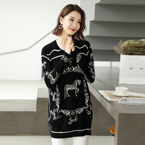 Pattern Print Fleece A-Straight Long Sleeve  Hooded Tops