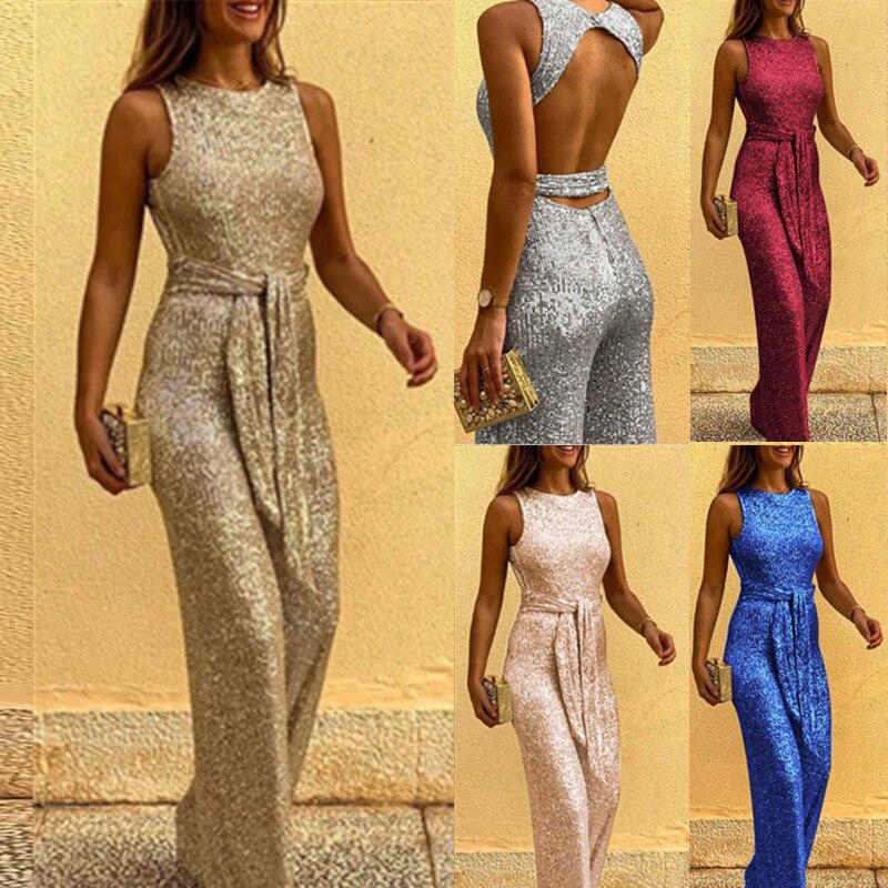 Summer Round Neck Sleeveless Backless Sexy Sequin Silver Dot Jumpsuit Female Black Blue Champagne Gold Jumpsuit