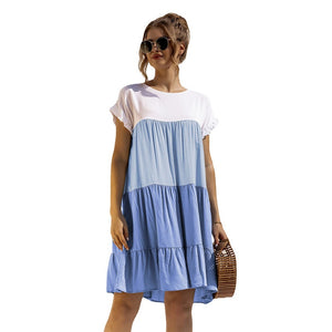 Bikoles 2021 Summer Fashion Short Sleeve Women's Dress Casual High Street Color Matching O Neck A Line Loose Ladies Mini Dresses