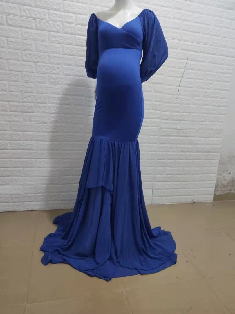 Maternity Dress for Photo Shoot Sexy Women Off Shoulder Chiffon Long Sleeves Mermaid Pregnancy Maxi Gown Dress Photography Props