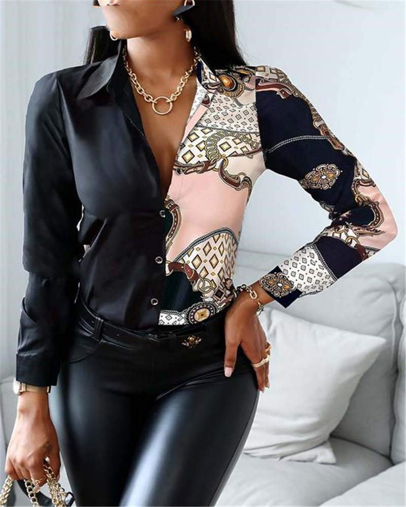 Turn-down Collar Chain Long Sleeve Chic Blouse Top