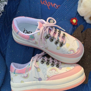 HOUZHOU Lolita Shoes Women's Sneakers Platform Kawaii Tennis Girly Cute Sports Round Head Casual Pink Sweet