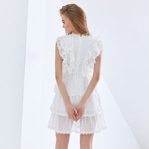White Patchwork Lace Ruffle Sleeveless High Waist Mesh Polka Dot Dress