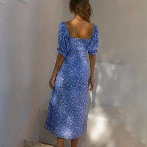 Summer Women Puff Sleeve Backless Midi Dress Vintage Floral Print Split Blue Sundress Elegant Party Beach Ladies Dress 2021