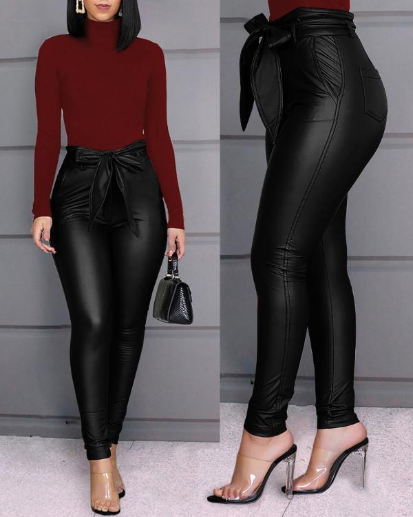 Casual PU Leather Pants Including Belt