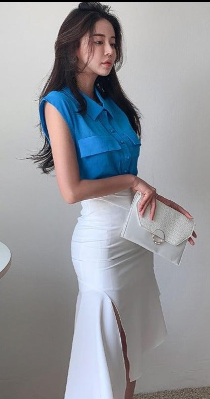 H Han Queen New 2021 Summer 2 Pieces Set Women Blue Shirts Blouses And Split Fishtail Skirts Korean Chic Office Lady Suit
