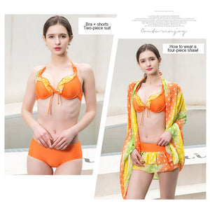 4PCS Vintage Split High-end Swimsuit Underwire Bikini With Shawl Skirt Tropical Beach Bathing Suit Swim Bikini female Sexy wear