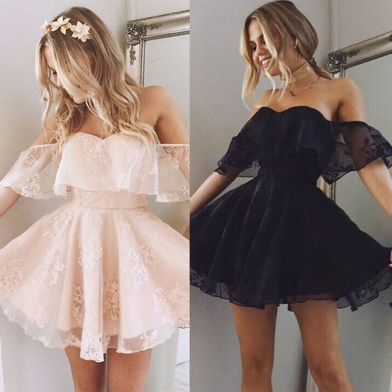 New Women Formal Lace Dress Summer Prom Off Shoulder Party Wedding Gown Short Sleeve Short Mini Dresses Solid Black Pink