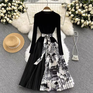 Autumn Winter Elegant Knitted Patchwork Gradient Print Pleated Dress Women Long Sleeve Office One-Piece Sweater Dress With Belt