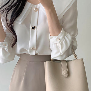 Button White Fall Pink Long Sleeve Blouse