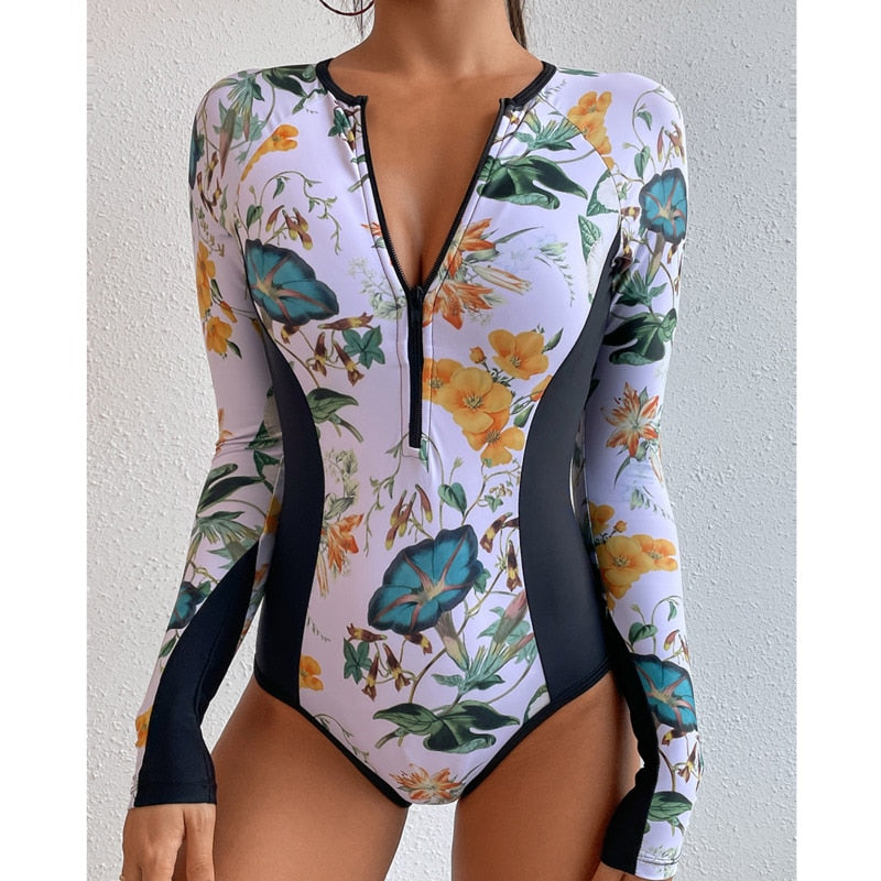 Summer Print Zipper One Piece Swimsuit Closed Long Sleeve Swimwear Sports Surfing Women&#39;s Swimming Bathing Suit Beach Bather