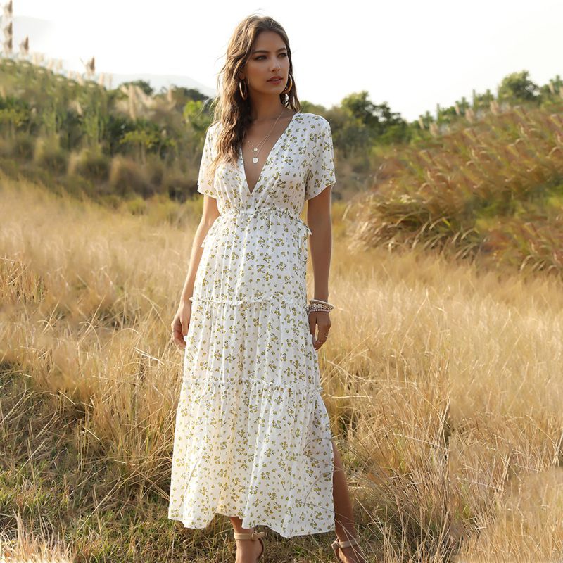 Vamos Todos 2021 Summer Bohemian Dresses for Women Outing Holiday Casual Ruffles Floral Longuette V-Neck Elegant Women Clothes Floral White / L Vamos Todos 2021 Summer Bohemian Dresses for Women Outing Holiday Casual Ruffles Floral Longuette V-Neck Elegant Women Clothes Floral White / L