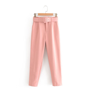 High Waist Straight Belt Casual Ankle Length Trousers