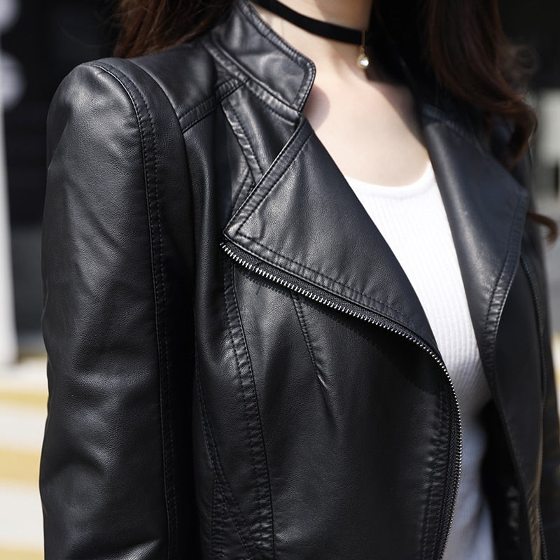 2022 New Women&#39;s Jacket Fashion Black Motorcycle Leather Jacket Women Zippers Basic Coat Biker Leather Coat 4XL C-2