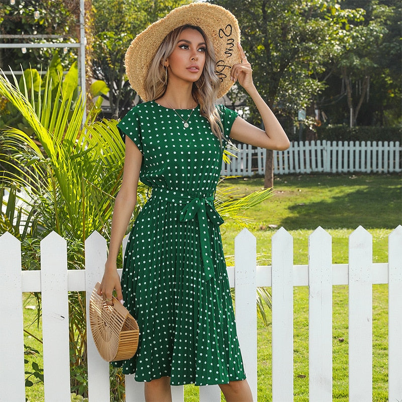 Summer Women Polka Dot Short Sleeve Dress Casual Bandage Party Pleated Midi Dresses Elegant Green Office Lady Clothing 2021