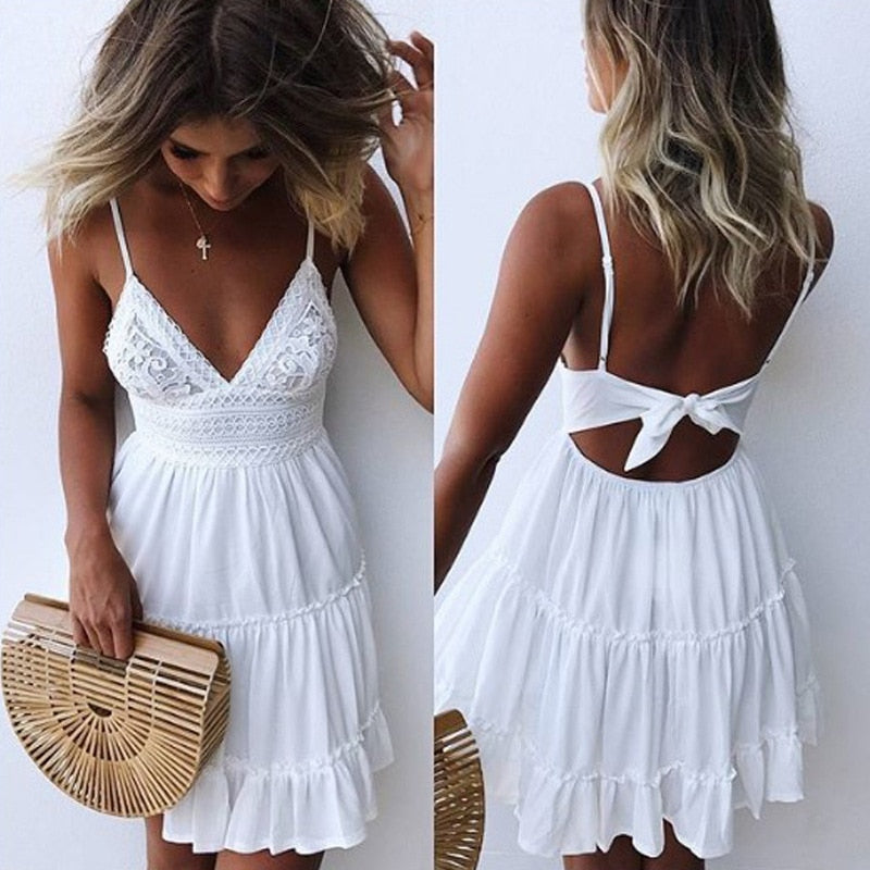 Summer Women White Lace Halter Dress Sexy Backless Beach Dresses 2022 Fashion Sleeveless Spaghetti Strap Casual Mini Sundress