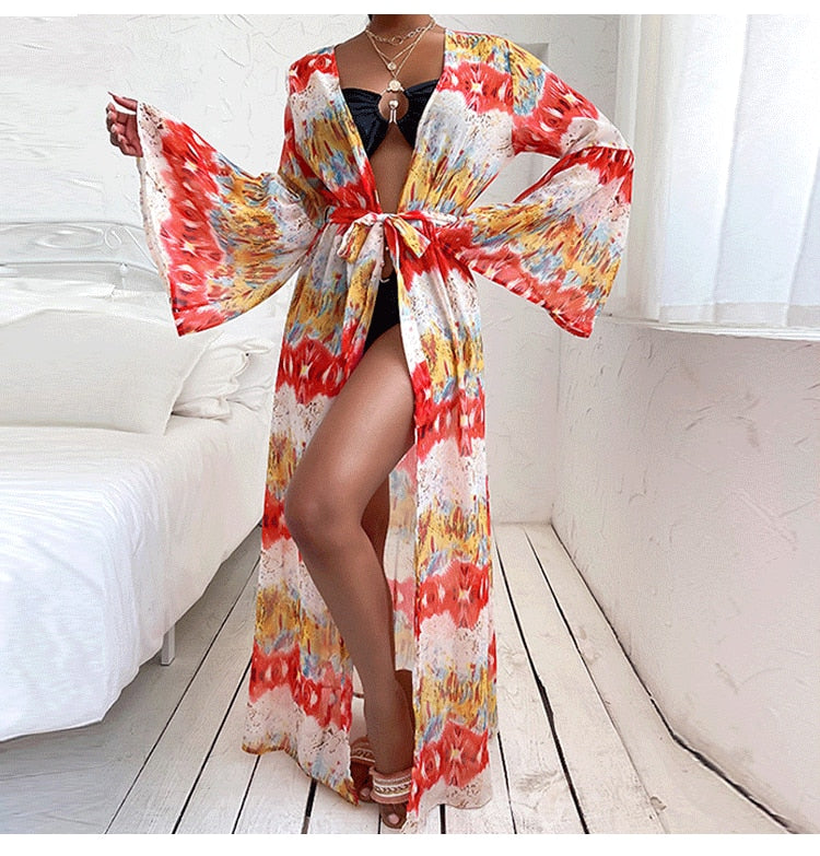 Boho Print Flare Sleeve Self Belt Kimono Dress Beach Wear Swim Suit Cover Up