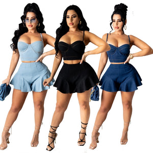 Two Piece Set Women Clothing Summer Sexy Sling Breast Wrap Cowboy Shorts Skirts Sets Club Outfits Streetwear Wholesale Items