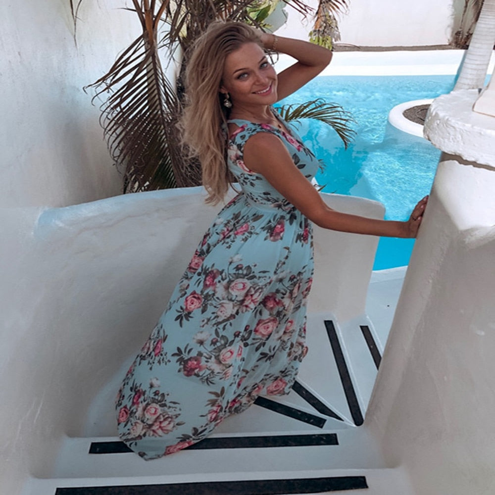 Chiffon Dress Pink Elegant Ladies Flroal Print Split Beach Holiday Long Maxi Dresses For Women Summer Clothes New Arrival 2021 Pink / XL Chiffon Dress Pink Elegant Ladies Flroal Print Split Beach Holiday Long Maxi Dresses For Women Summer Clothes New Arrival 2021 Pink / XL