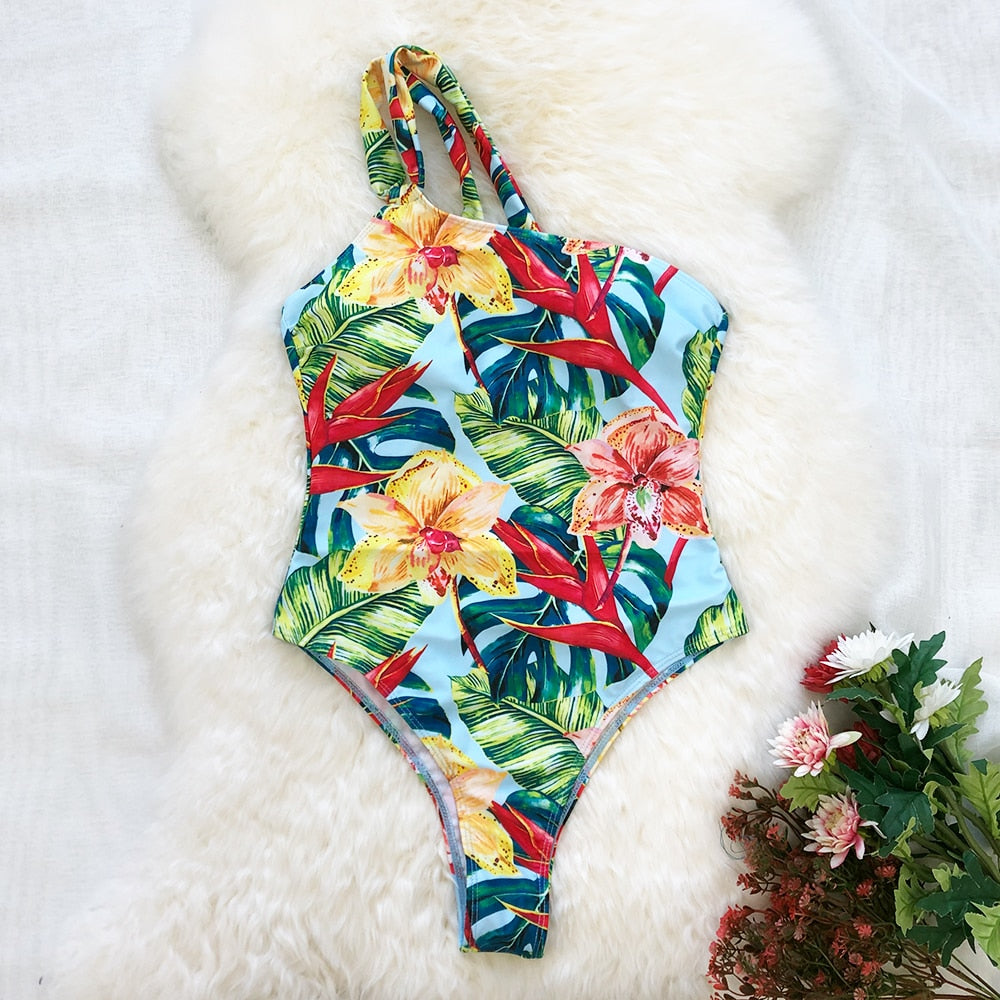 One Piece Swimsuit Women Swimwear Push Up Monokini Print Bandage One shoulder Bathing Suit